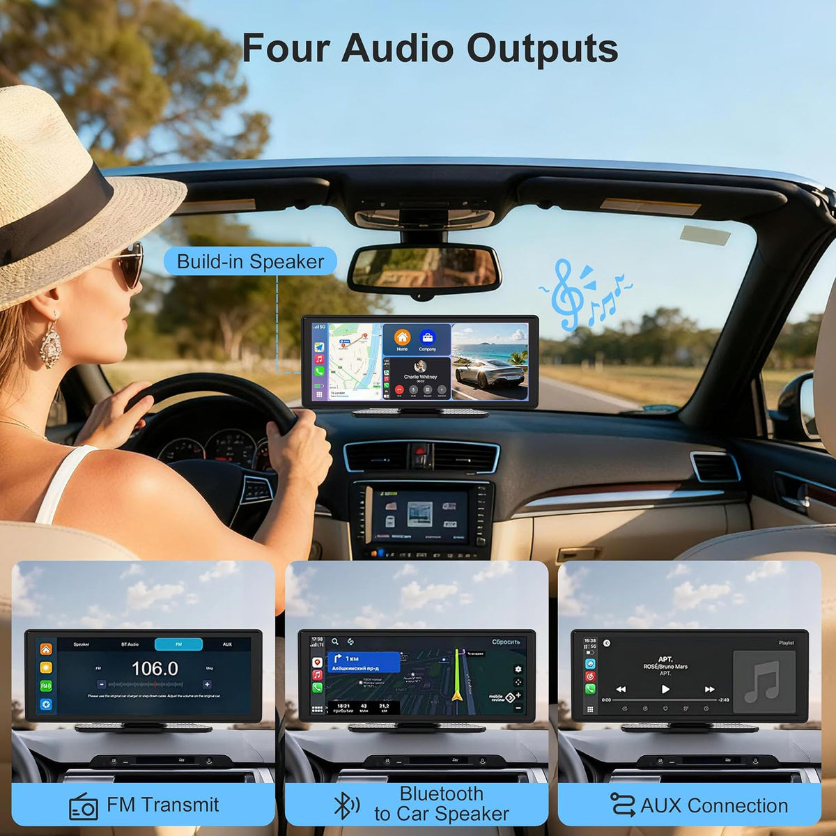 Wireless CarPlay Android Auto Screen for Car 10.26" 4K Dash Cam & 1080P Backup Camera 64 GB of Storage Mirror Link/Bluetooth/FM, Satellite Radio Receiver