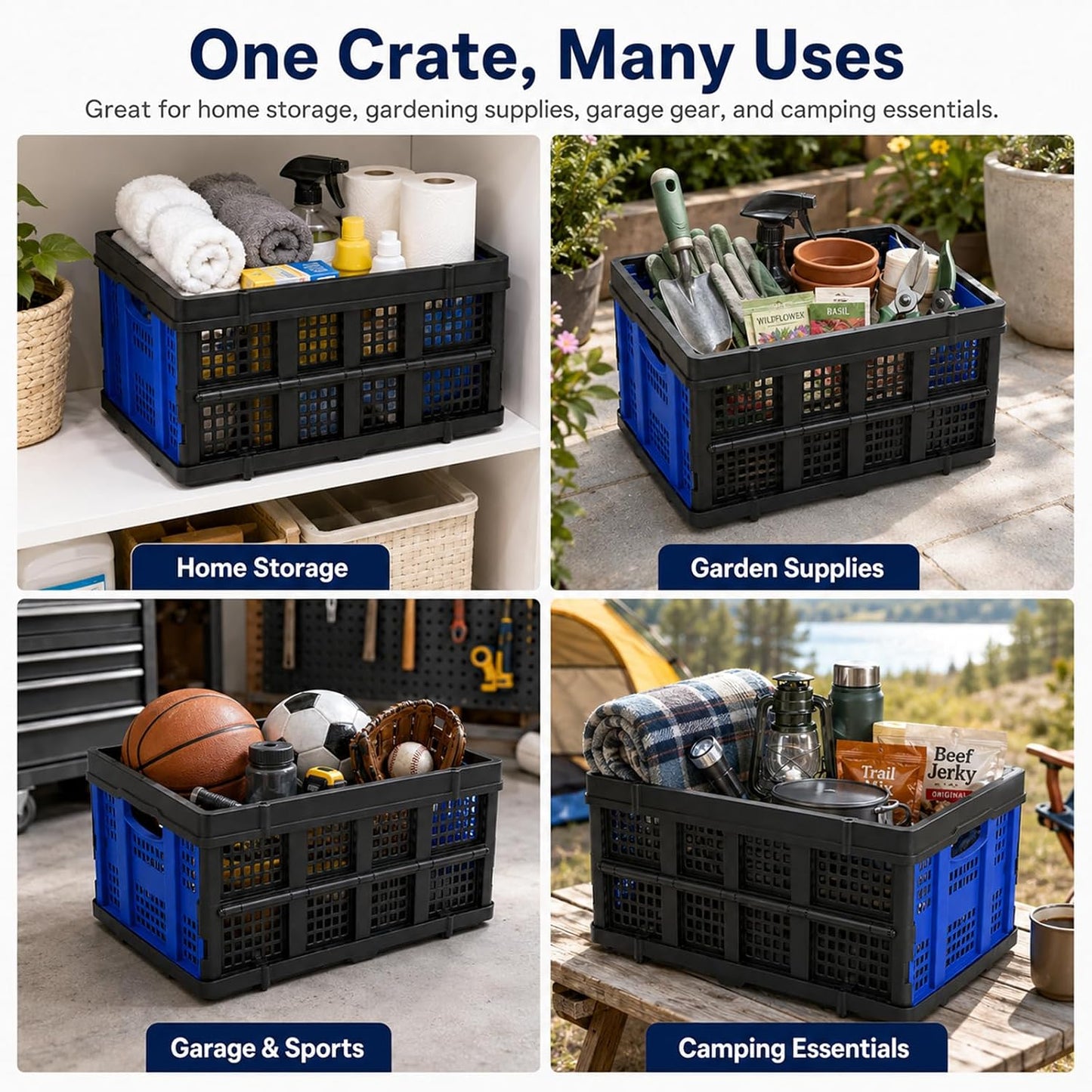 Collapsible Storage Crates 2 Pack, Heavy Duty Foldable Plastic Storage Bins, Stackable Garage & Trunk Organizers for Car, Home, Grocery & Moving Storage, 49L, Blue