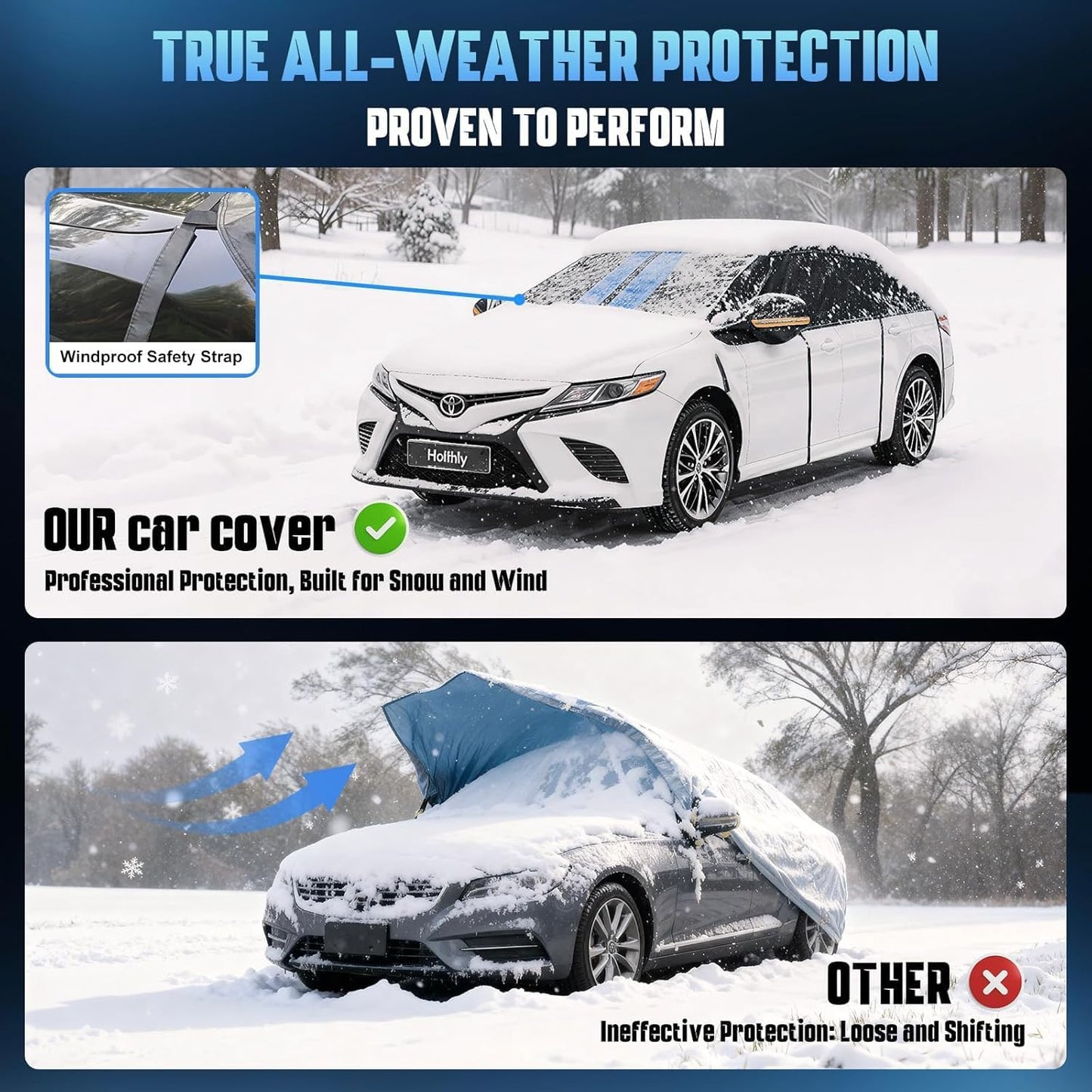 Half Car Cover Top for Sedan/Coupe/Cabrio, Windshield Cover for Ice and Snow, Roof Car Cover Waterproof All Weather with Reflective Strips and Side Elastic Hooks. H2 (Up to 128 inch)