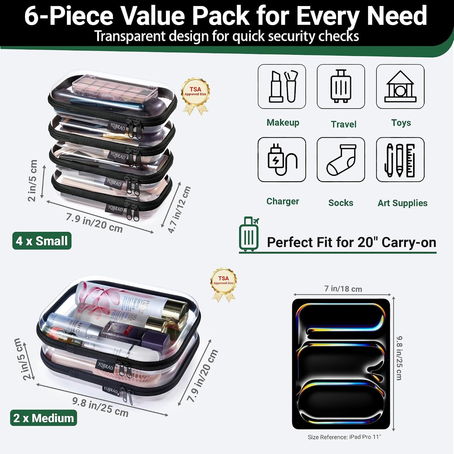 6 Pack Black Clear Hard Shell Beauty Organizer (2M+4S), 1.2mm Heavy Duty Crush-Proof Cosmetic Case, Reinforced YKK Zippers, Stadium Approved Security Bag for Skincare & Electronics, Multi-Size Set