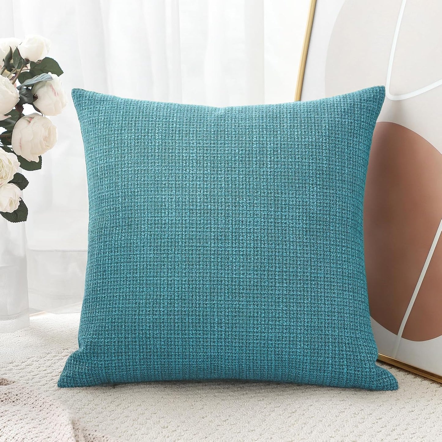 OTOSTAR Linen Throw Pillow Cover Set of 1 Decorative Square Pillowcases Cushion Covers 24x24 Inch for Home Decor Sofa Bedroom Car 60 x 60CM Turquoise