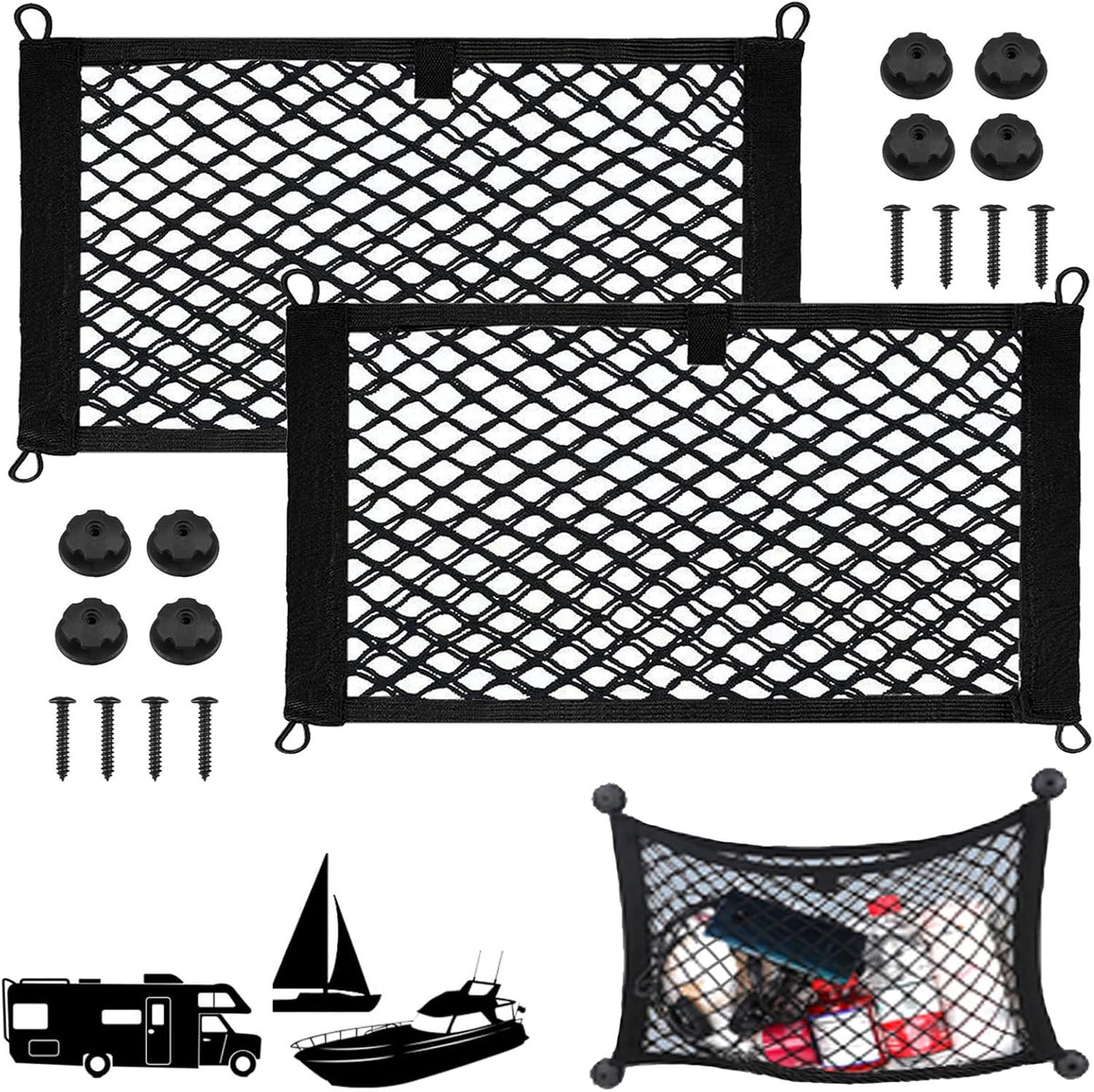 2 Pack Small Cargo Net Pocket Storage Mesh Net Elastic Automotive Cargo Nets Storage Pouch for Car Trunk Net, RV, Boat Storage Mesh Pocket Net with 8 Mounting Screws and Hooks (24 x 9.8 Inches)