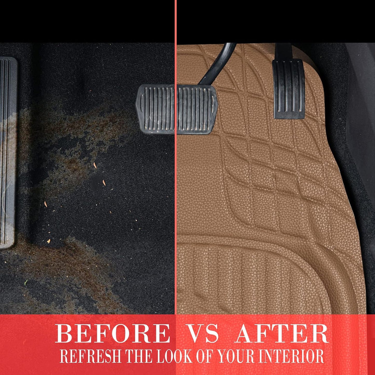 CASS Pass 4 Piece Leather Car Floor Mats -3D Waterproof All Weather, Universal Trim to Fit & Anti-Slip Burr Bottom Safety & Light Easy Clean Install for SUV Truck Auto Sedan Van (Beige)