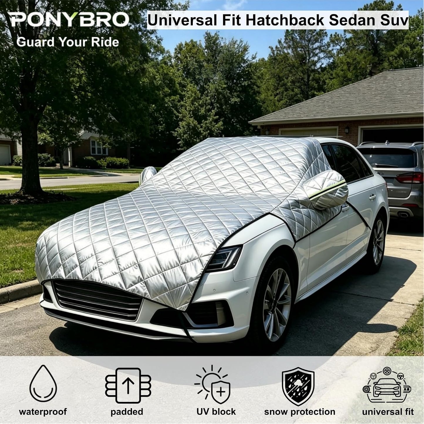 Padded Windshield Sun Shade Hood Cover Universal Fit Sedan SUV | Waterproof Windshield, Driver Side Window and Engine Hood Shield, All Weather Vehicle Guard Against UV Rays, Snow, Ice, Hail