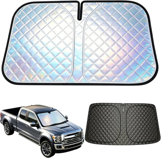 Foldable Windshield Sunshade | 5-Layer Laser Reflective Oxford Fabric Car Sun Shade with Steel Frame | UV Protection Heat Shield Sun Visor | Keeps Interior Cool & Protects Dashboard XXL (63 * 32 inch)