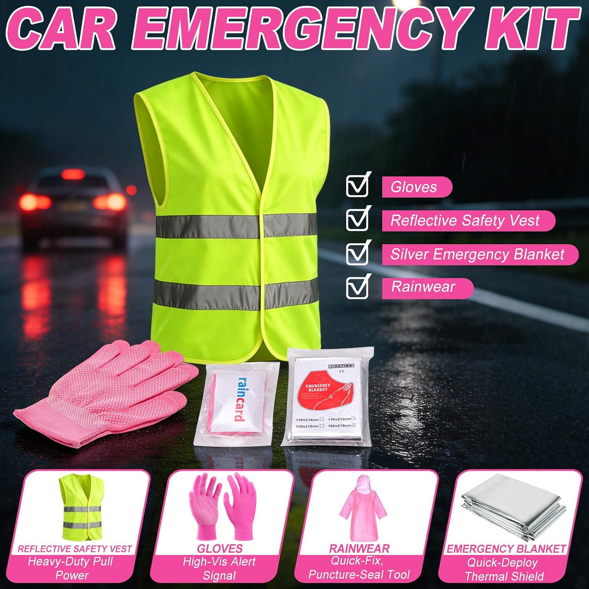 Car Emergency Kit with Portable Air Compressor, Jumper Cables, Tow Straps – Roadside Emergency Safety Tool for Vehicles, Trucks, SUVs Pink