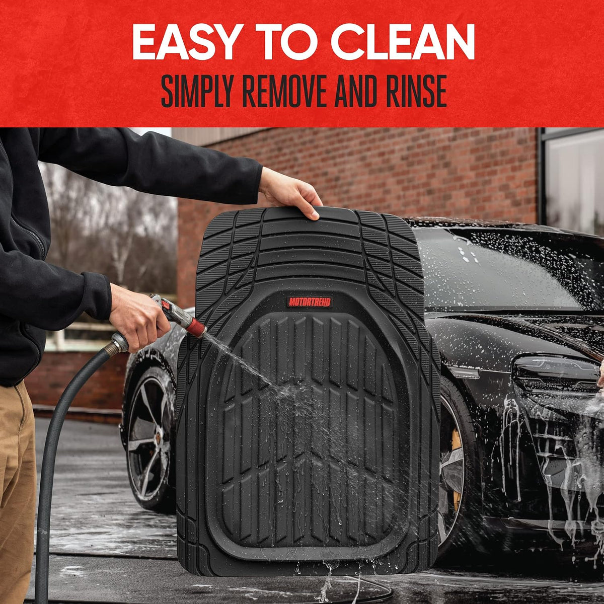 Motor Trend MT-921-BK FlexTough Tortoise - Heavy Duty Rubber Floor Mats for Car SUV Van & Truck - All Weather Protection - Deep Dish (Black)