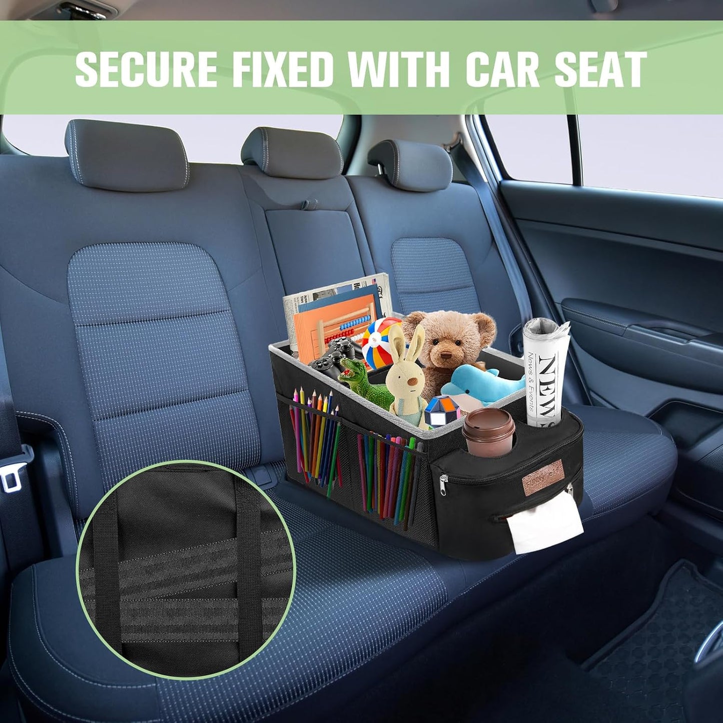 FUNNy elf Car Seat Organizer - Passenger Seat Organizer, Collapsible Car Storage with Partitions & 4 Cup Holders for Front Seat or Back Seat (white)