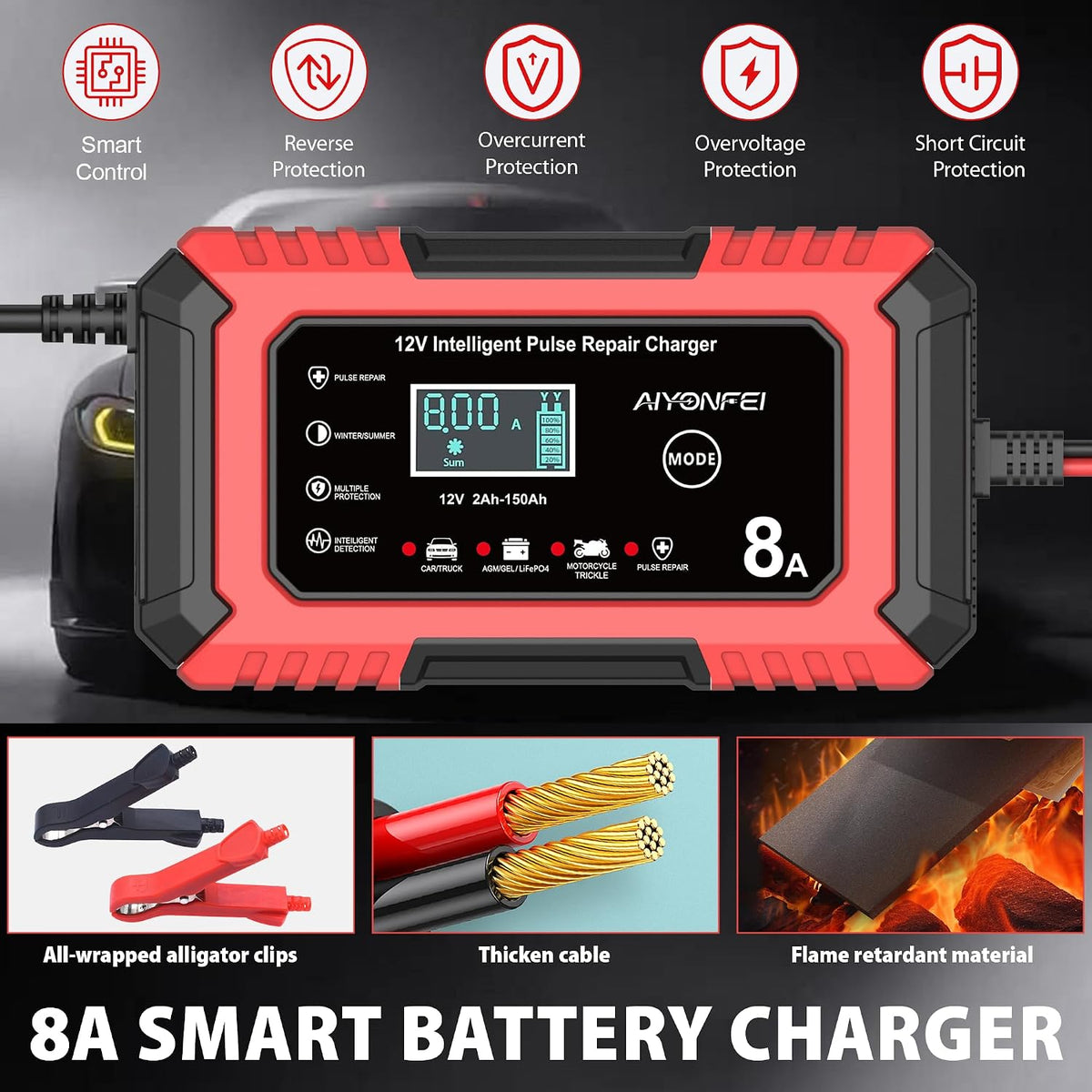 Car Battery Charger 12V 8-Amp Smart Trickle Charger Fully Automatic