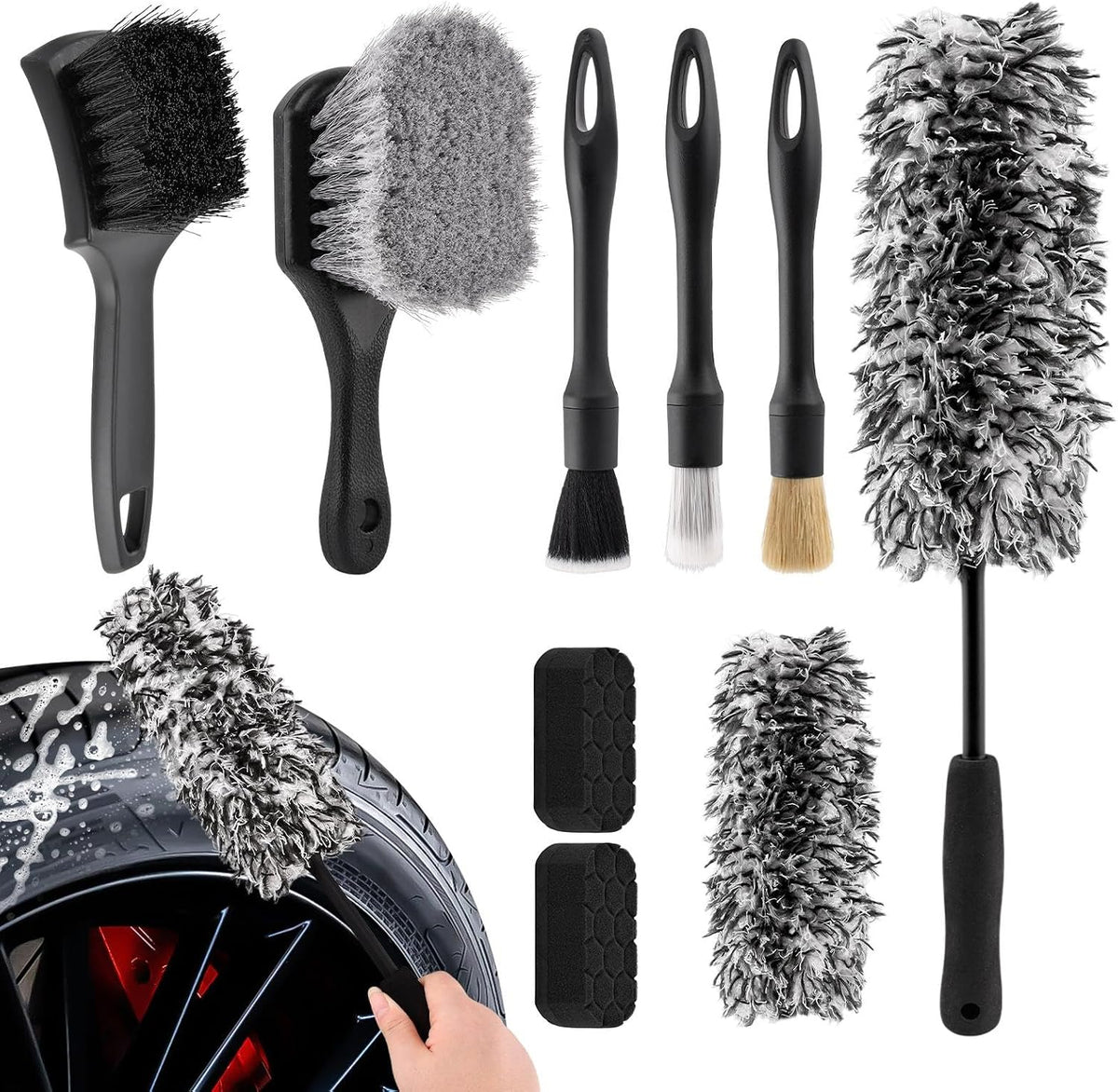 9-Piece Car Wheel & Tire Cleaning Brush Kit, Soft-Bristle Wheel Brushes, Microfiber Flat Brush, Detailing Brushes & Cleaning Pads for Cars, Trucks & SUVs