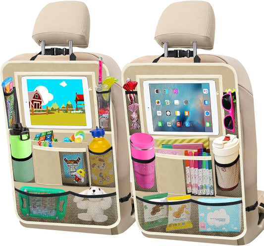 Car Backseat Organizer ，2 Pack Car Organizer Back Seat with 11" Tablet Holder, 10 Storage Pockets Seat Back Protectors Kick Mats for Kids Toddlers, Travel Accessories (Beige)