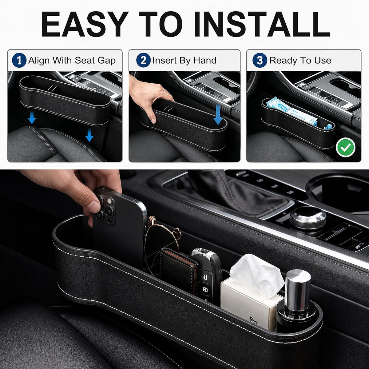 Car Seat Gap Filler Organizer, Car Console Organizer with Cup Holder, Black