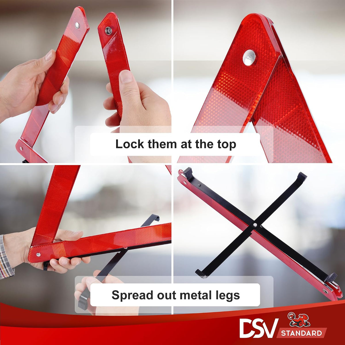 DSV Standard Warning Triangles, Reflective Triangles with Reinforced Cross Base and Carrying Case, Safety Triangles, 3-Pack
