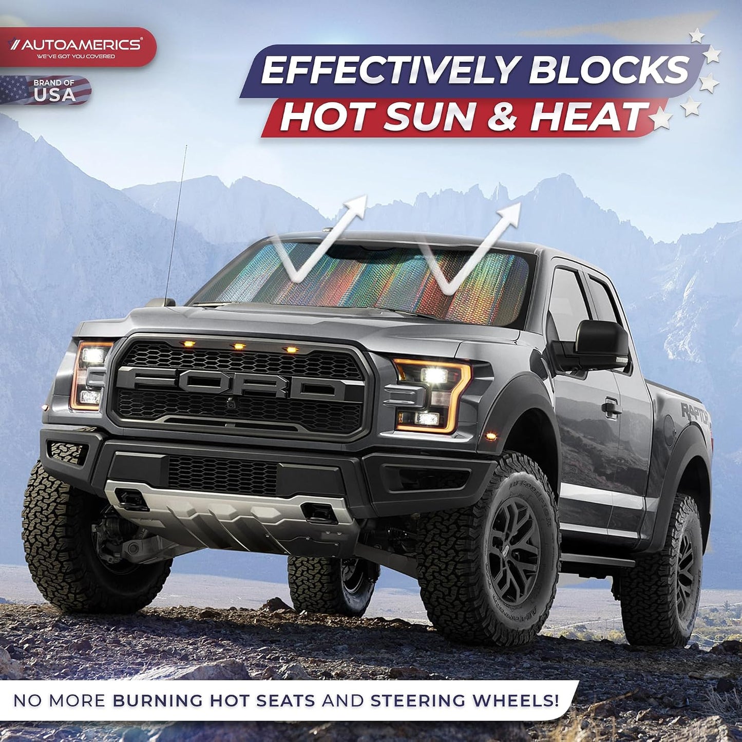 Autoamerics Holographic Car Windshield Sun Shade – Reflective Accordion Sunshade Blocks UV Rays & Heat – Front Windshield Cover for Cool Interior – Large 28 x 58 in – Universal Fit