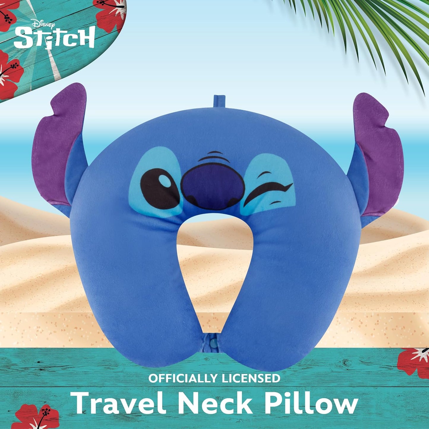 Disney Stitch Neck Pillow, Adult Travel Accessories with 3D Ears for Airplane, Car and Office Comfortable and Breathable, Blue