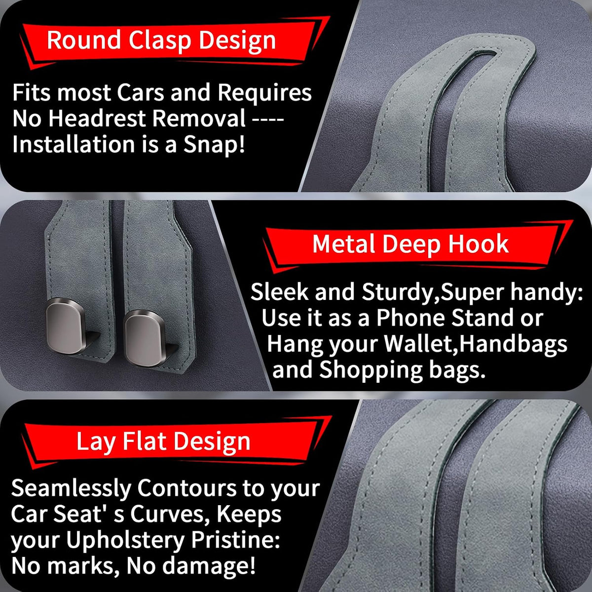 Car Purse Hook, Car Seat Headrest Hooks, Grey Leather 4 Pack