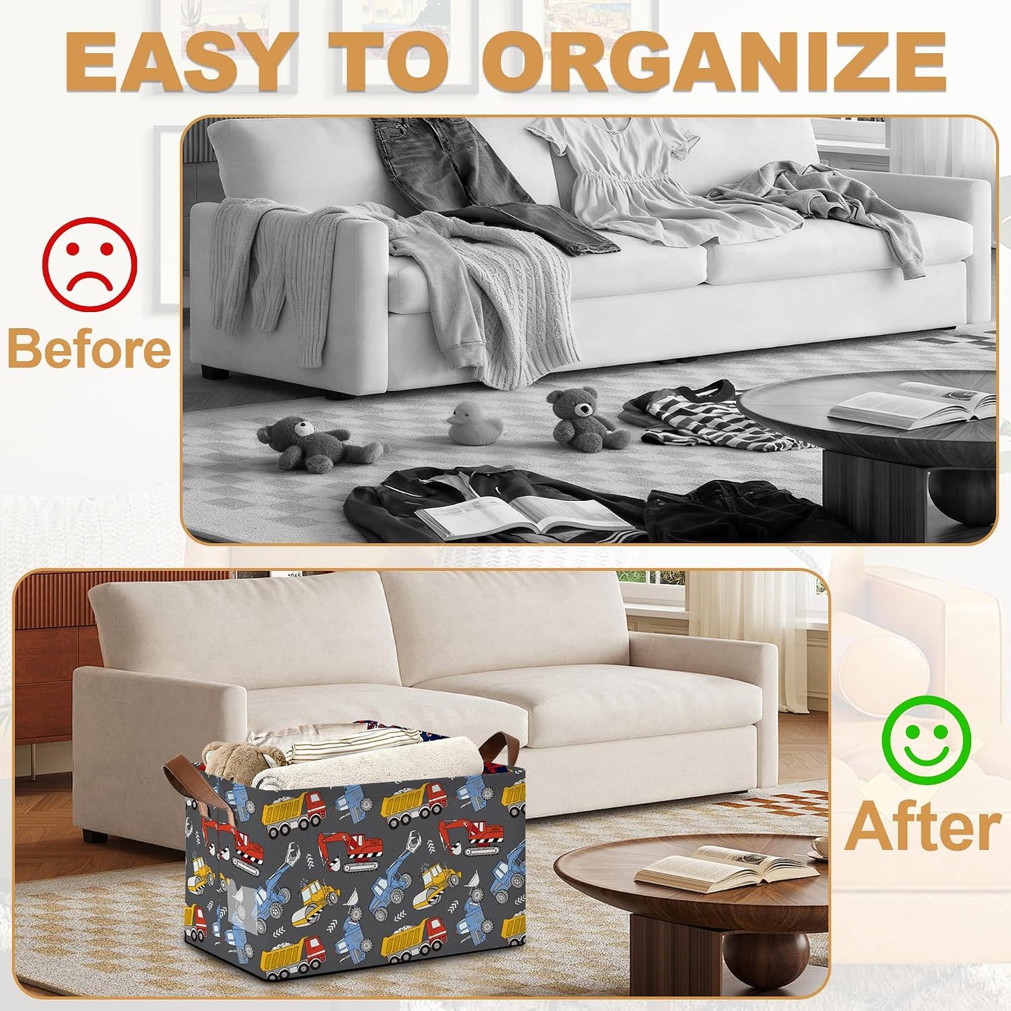 Storage Bins with Handles, Oxford Cloth Storage Basket with Sturdy Frame, Excavator Car Collapsible Organizer for Closet, Shelf, Clothes, Towels, Home Storage