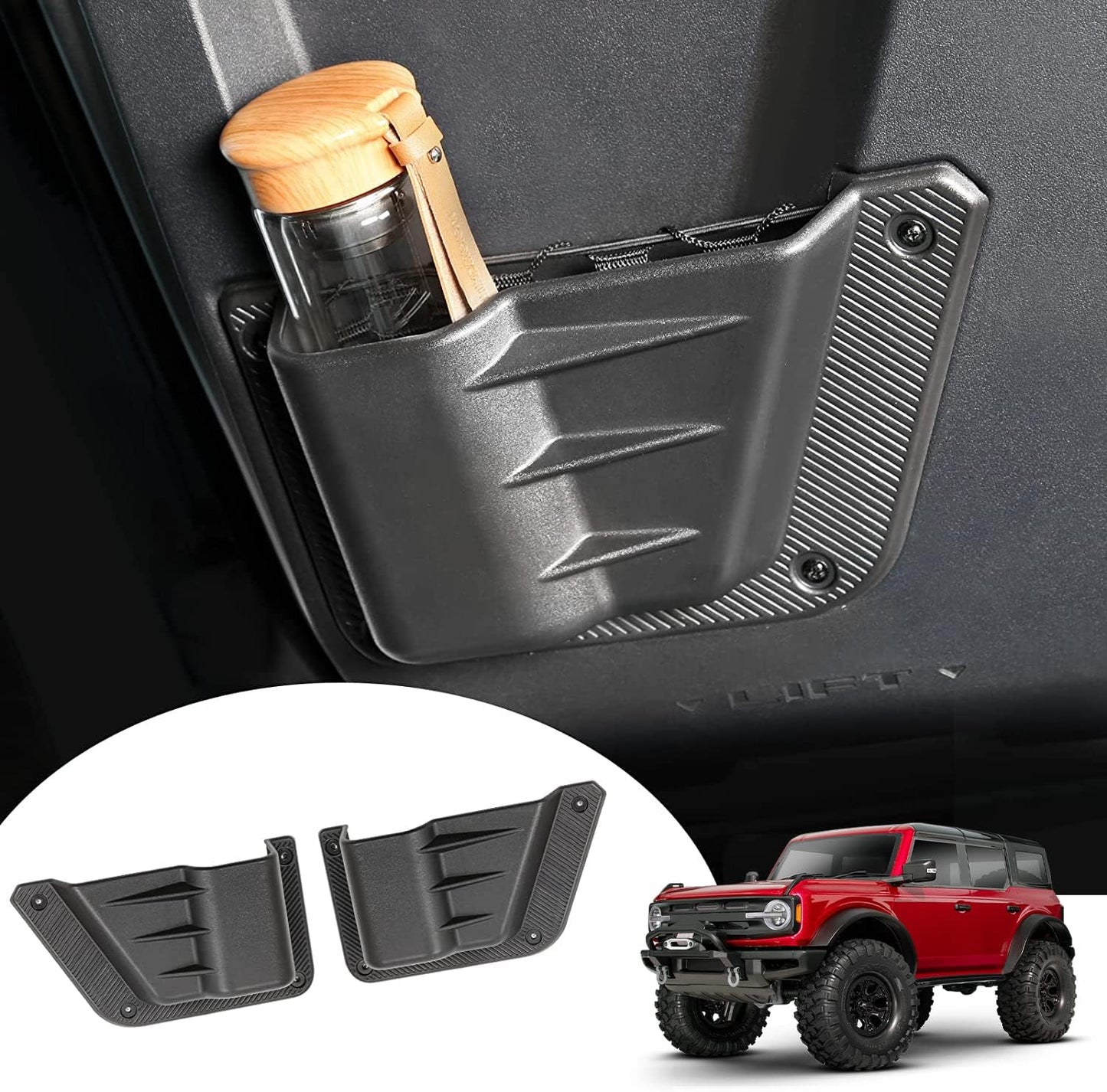 Mabett Front Door Storage Pockets for Ford Bronco Accessories 2026 2021-2025, Side Door Organizer Box fit Bronco 2/4-Door, Insert Cup Holder(2PCS)