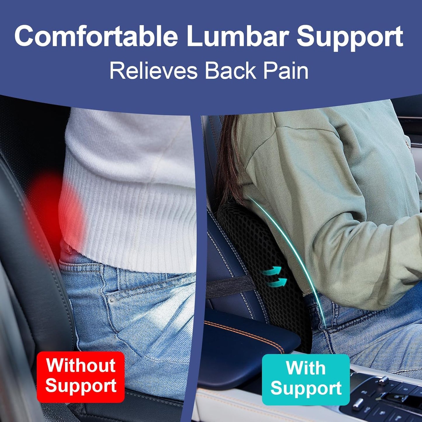 BYMECOST Lumbar Support Pillow for Car, Memory Foam Car Seat Back Support Pillow for Driving, Back Cushion with Strap for Pain Relief, Ergonomic Back Cushion for Office Chair, Wheelchair (Black)