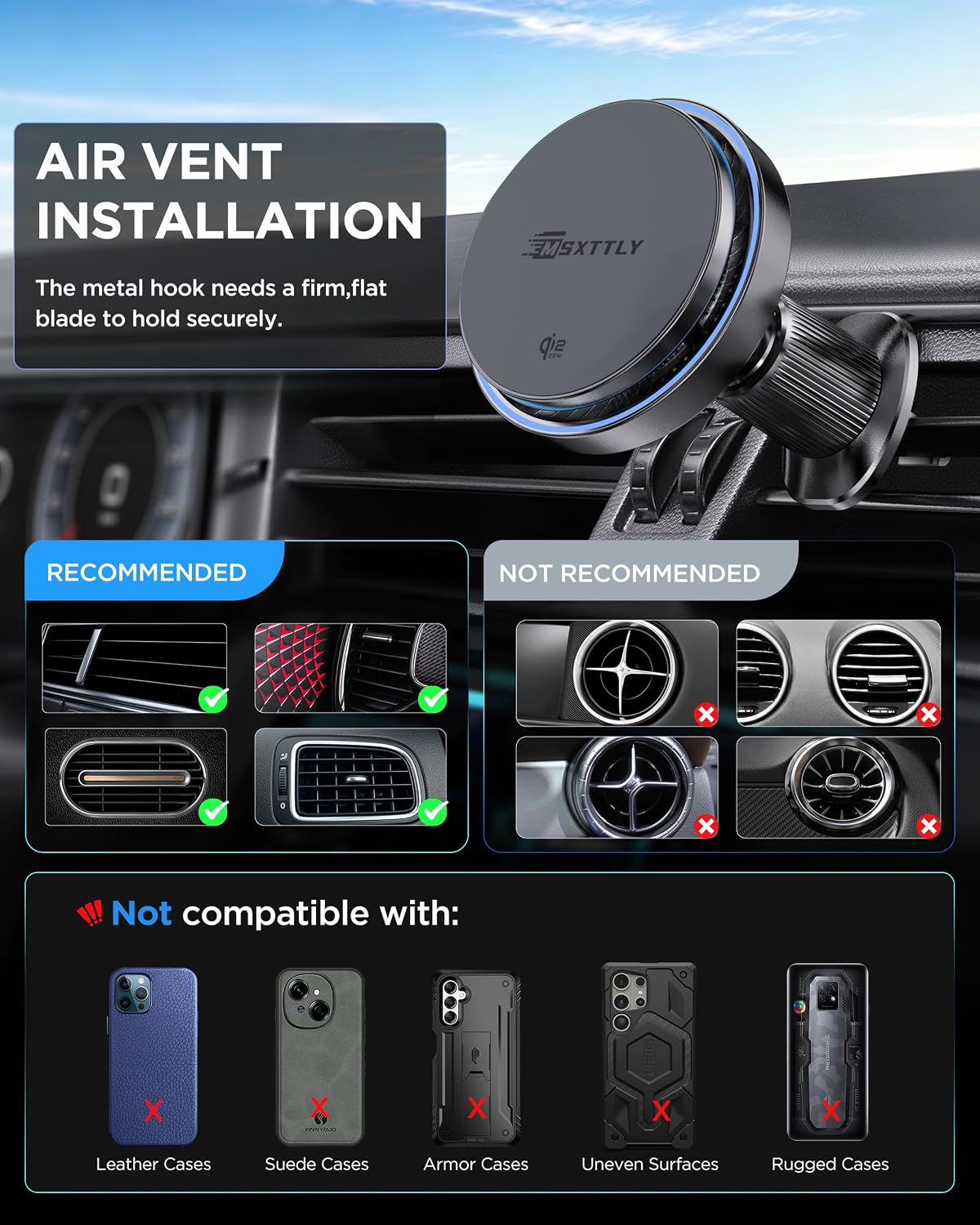 MSXTTLY Qi2.2 25W Certified for Mag Safe Car Mount Charger,Car Vent Charger