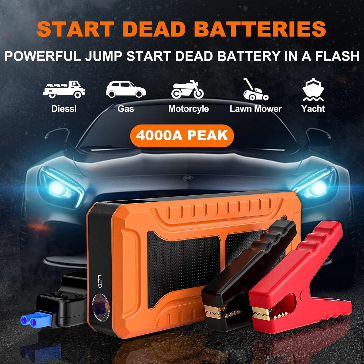 4000A Peak 12V Portable Car Battery Jump Starter & Booster Pack