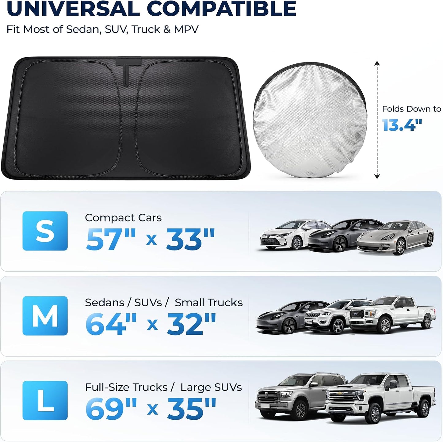 DMJN Front Windshield Sun Shade for Universal Medium Size, [Nano Ice-Crystal Coatings] UPF50+ Heat & UV Block, Protect Car Interior & Keep Cool, Flodable Steel-Ring Car Cover for Summer
