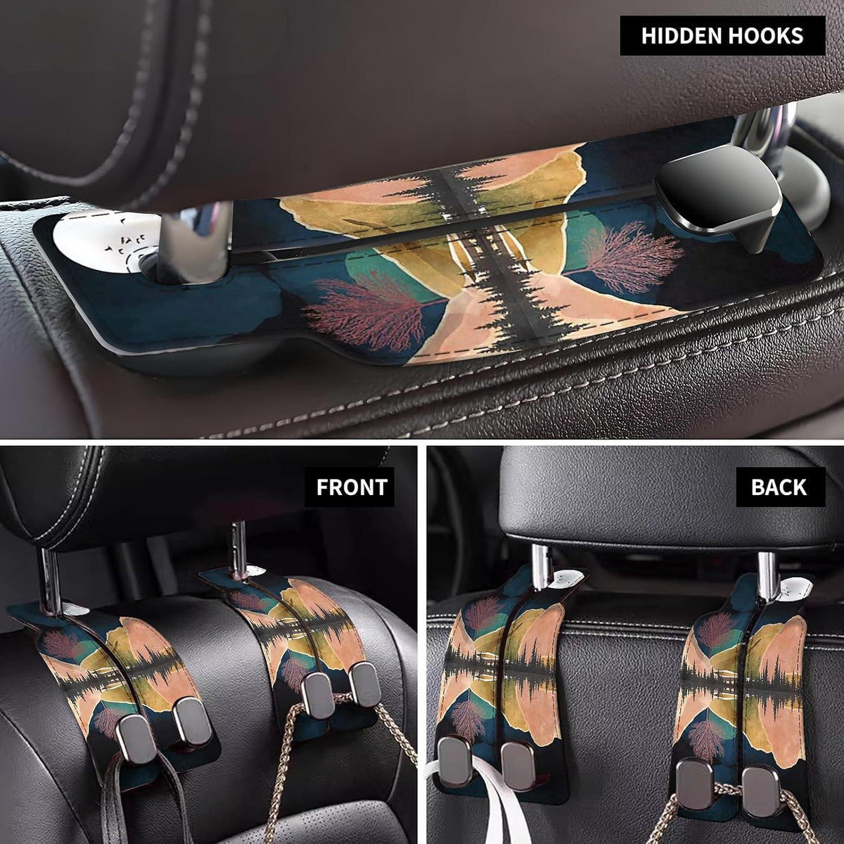 Car Seat Back Storage Headrest Hook, Premium Leather Double Metal Hook, Hanger Storage Organizer for Purse Cloth Bag, Car Interior Accessories Boho Mountain Moon