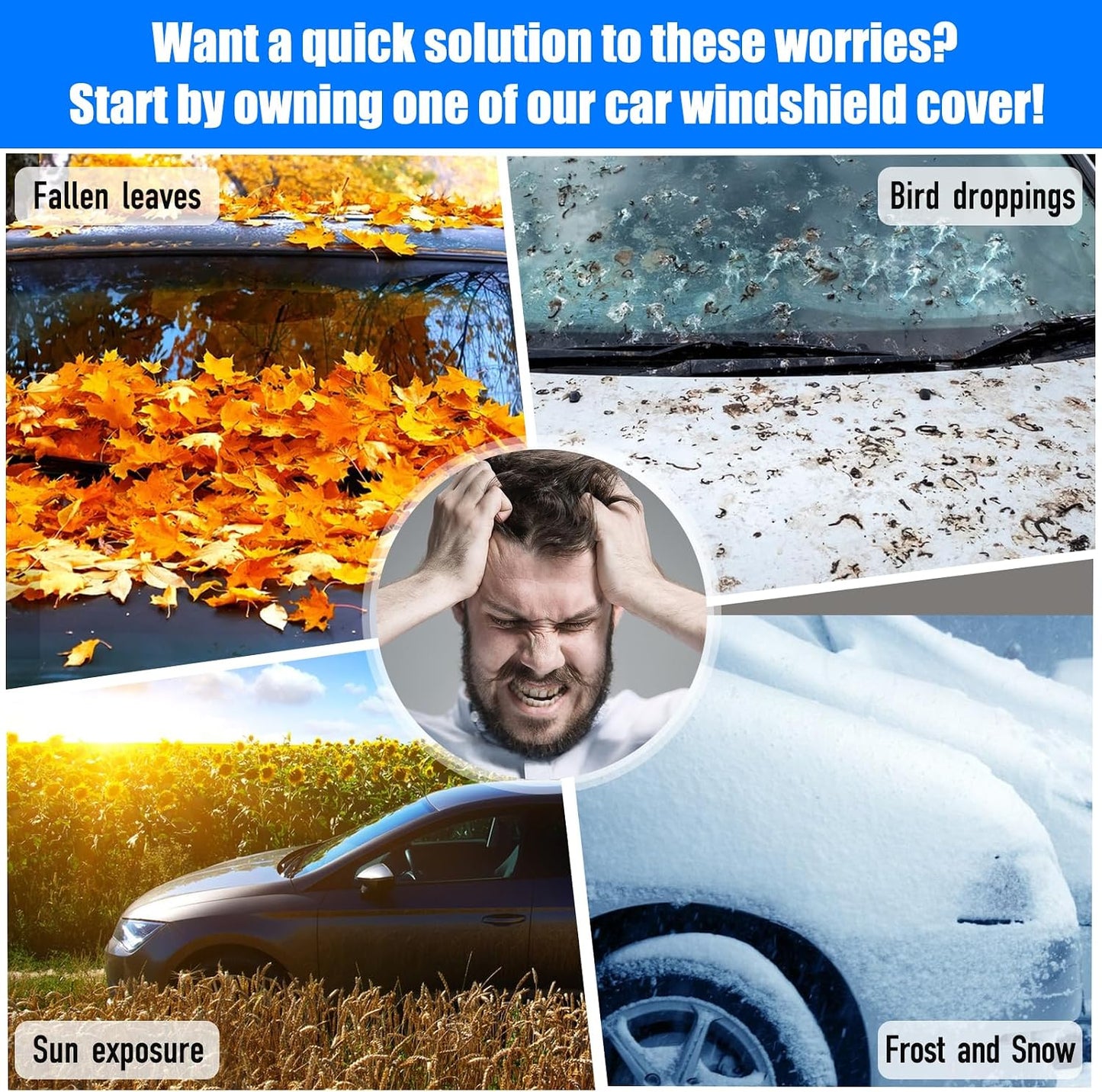 Windshield Cover for Ice and Snow, Car Windshield Snow Cover Winter Ice Sunshade Protector, Universal Fit SUV Auto Car Cover Snow Water Proof UV Dust Resistant, 63 Inches Wide