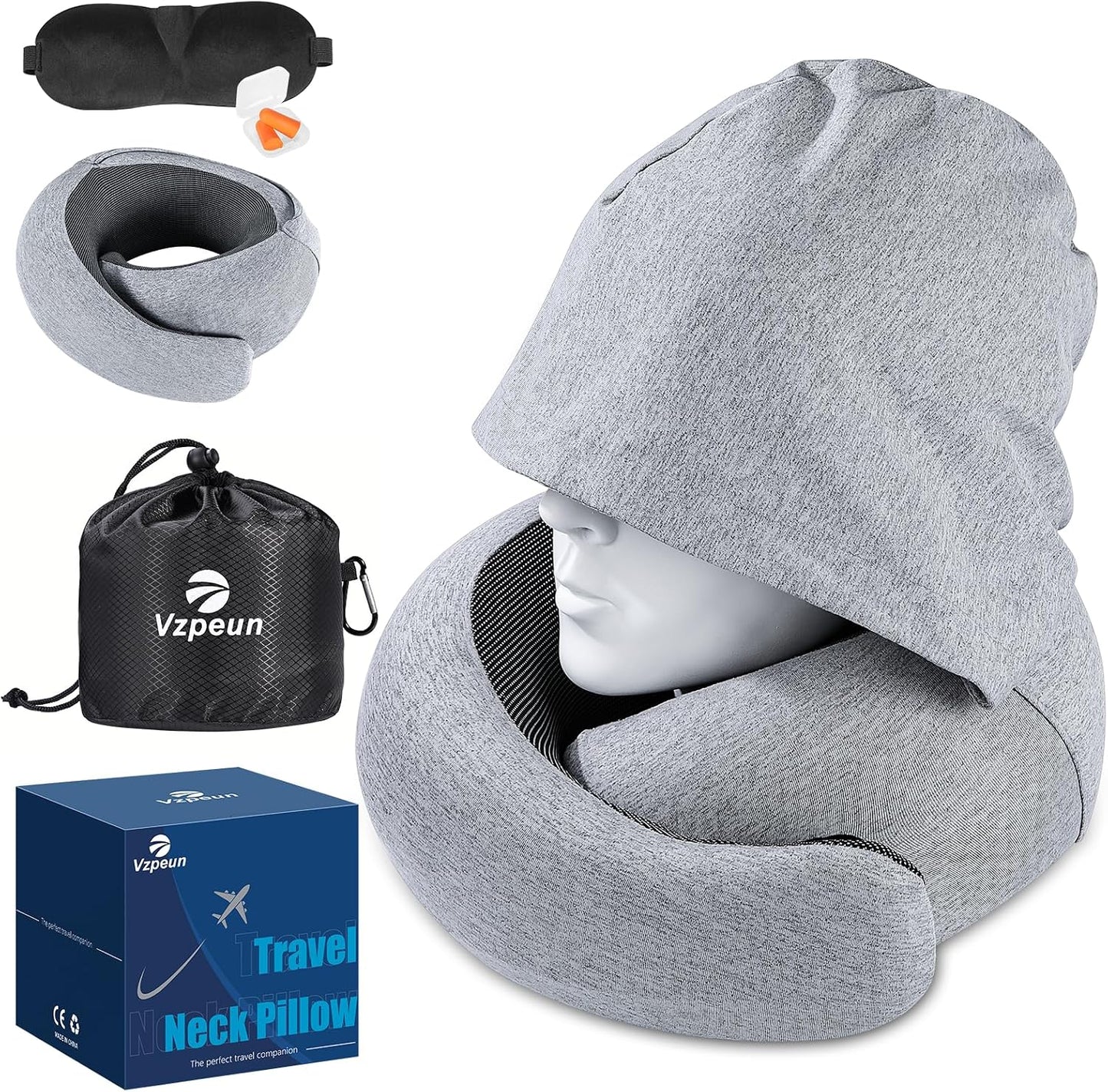 Travel Pillow - Hooded Neck Pillow Airplane Memory Foam Filling for Plane, Cars Sleeping, Road Trip, Long Flights, Airplane Travel Essentials, Includes Eye Mask & Earplugs (Light Gray)