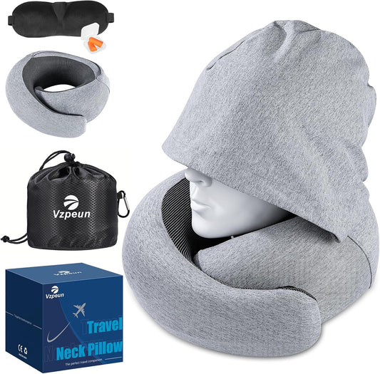 Travel Pillow - Hooded Neck Pillow Airplane Memory Foam Filling for Plane, Cars Sleeping, Road Trip, Long Flights, Airplane Travel Essentials, Includes Eye Mask & Earplugs (Light Gray)
