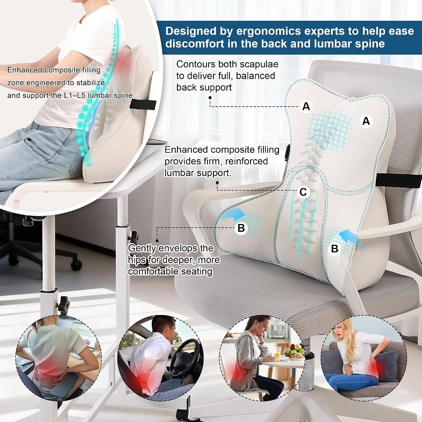 Lumbar Support Pillow(Pat. Pend) – Multi-Functional Ergonomic Back Cushion for Sofa Chair, Car Seat & Sofa, Reading Pillow with Firm Multi-Zone Support to Relieve Lower Back Pain, Misty White
