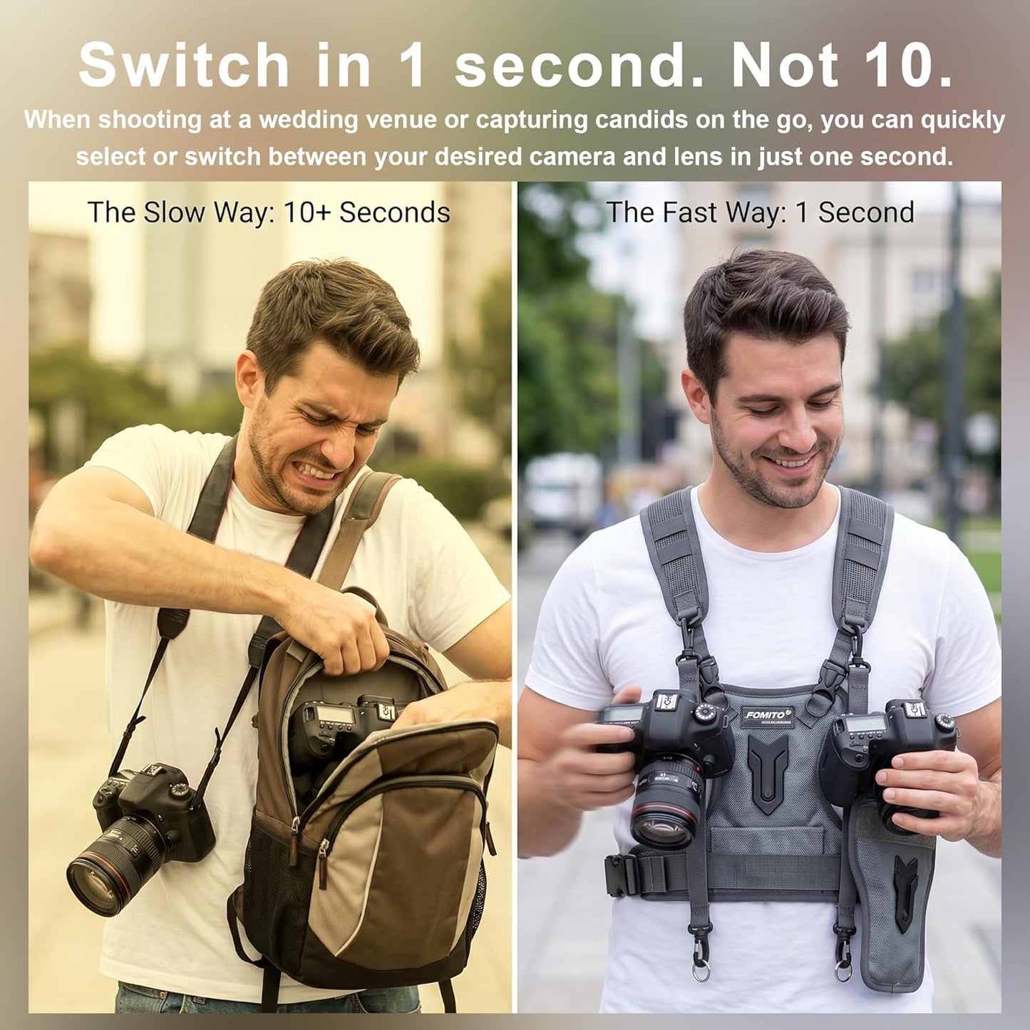 FOMITO Multi Camera Carrying Chest Harness System Vest with Side Holster for Canon 6D 600D 5D2 5D3 Nikon D800 D600 D300 D7000 D90 Sony A7S A7R A7S2 Panasonic Olympus DSLR