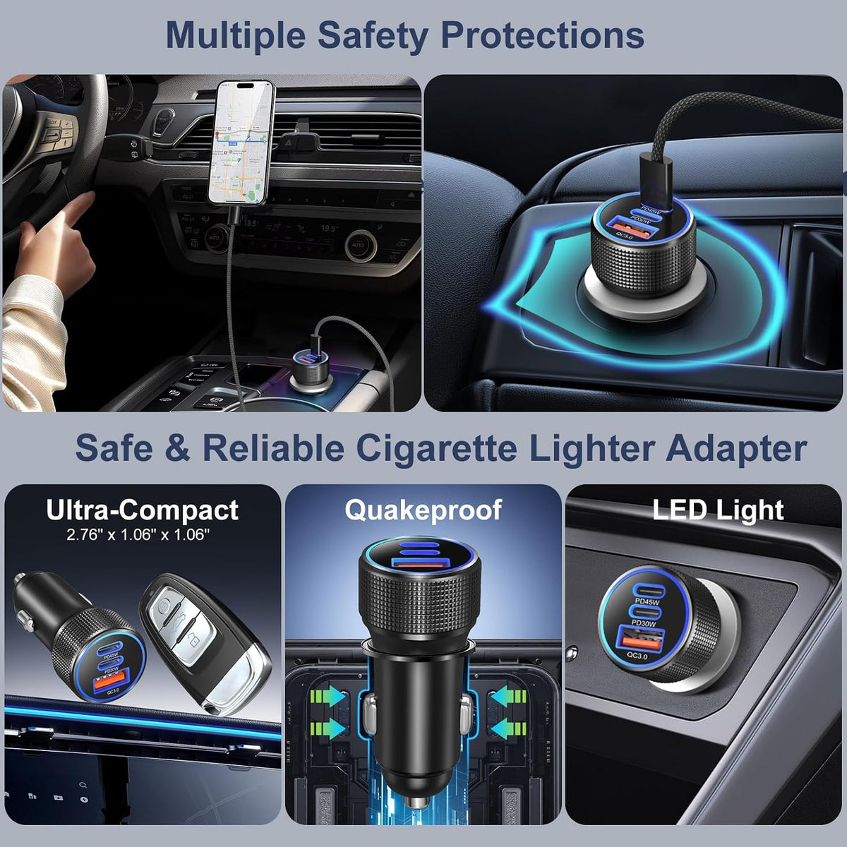 93W 3-Port USB C Car Charger,3-Pack 45W Type C Cigarette Lighter Adapter