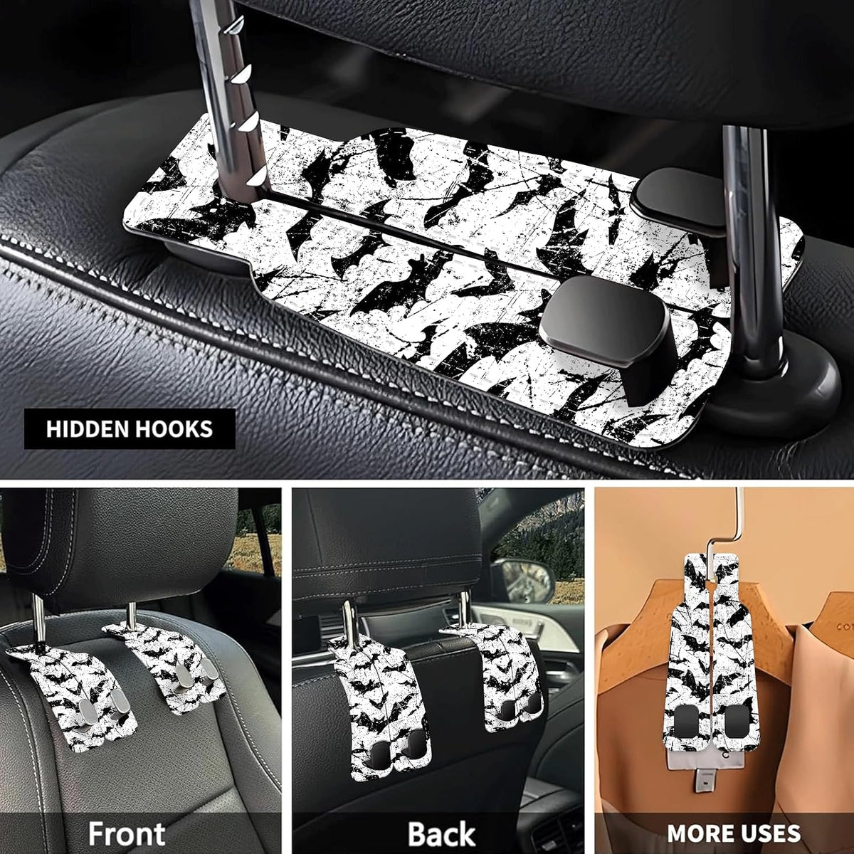 Car Seat Headrest Hook, Universal Leather Cute Hanger Holder Hook, Storage Organizer Interior Accessories for Purse Bags Handbag Black White Bats