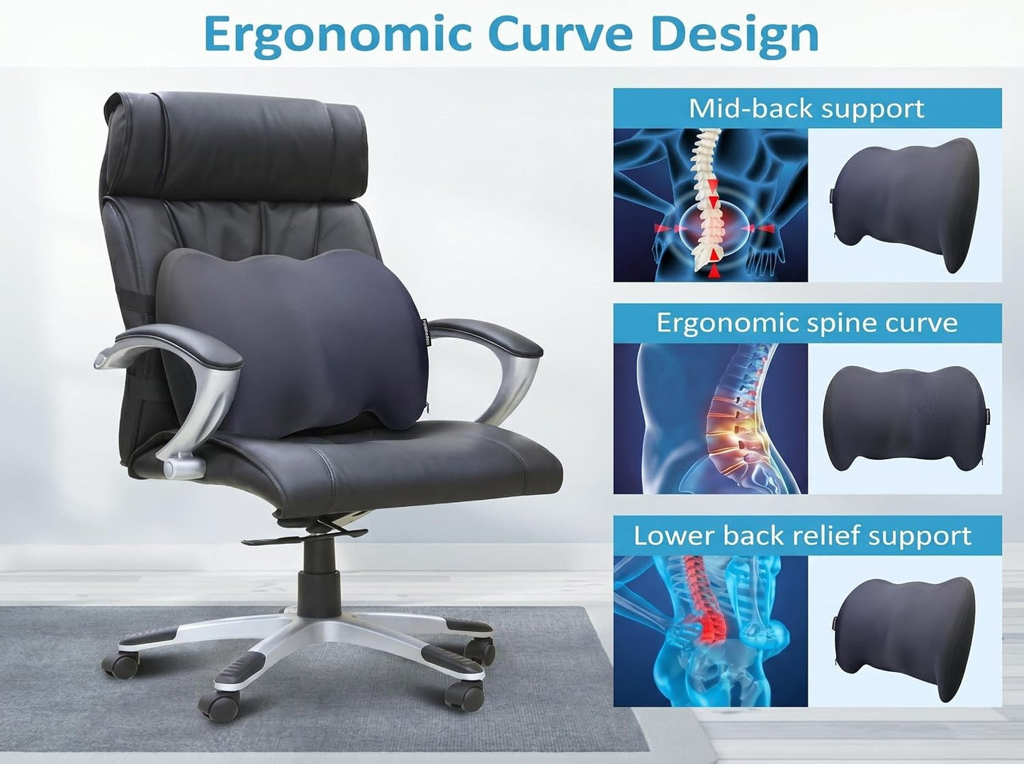 Lumbar Support Pillow Memory Foam Back Cushion for Sciatica & Lower Back Pain Relief Orthopedic Posture Corrector for Office Chair Gaming Chair Car Seat Breathable Washable Dark Gray