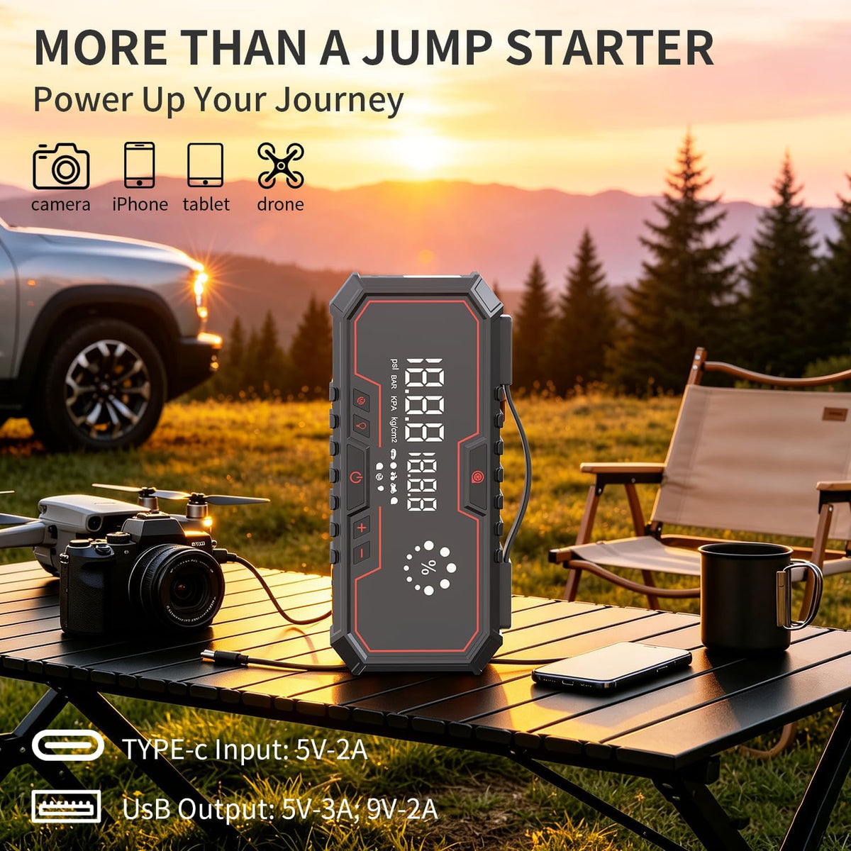 Jump Starter with air Compressor, 5000A Emergency Starter Jump Box (Gas 9L/Diesel 8L), Jumper Cable Jump Starter Portable with air Compressor 160PSI, car Roadside Emergency kit, SOS Light