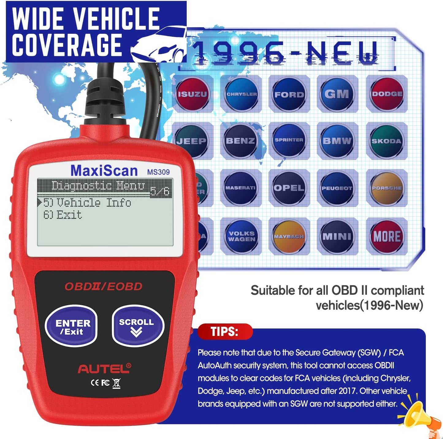 Autel OBD2 Scanner MS309 Universal Car Engine Fault Code Reader, Check Engine Light and Emission Monitor Status, OBDII CAN Diagnostic Scan Tool