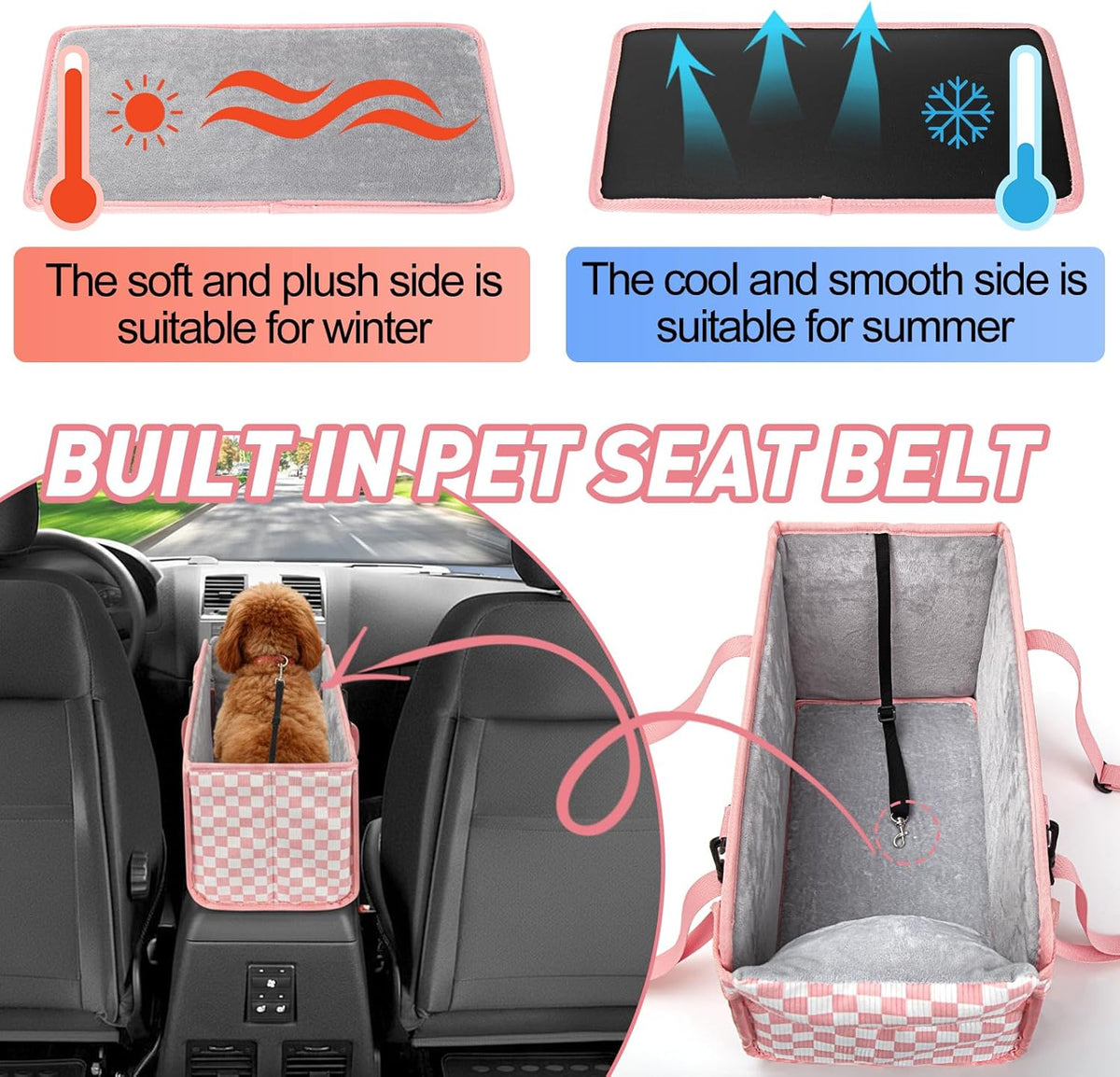 Console Dog Car Seat - Portable Dogs Armrest Booster Seat for Small Dog, Foldable Pet Car Seat with Safety Belt, Pink Checkered