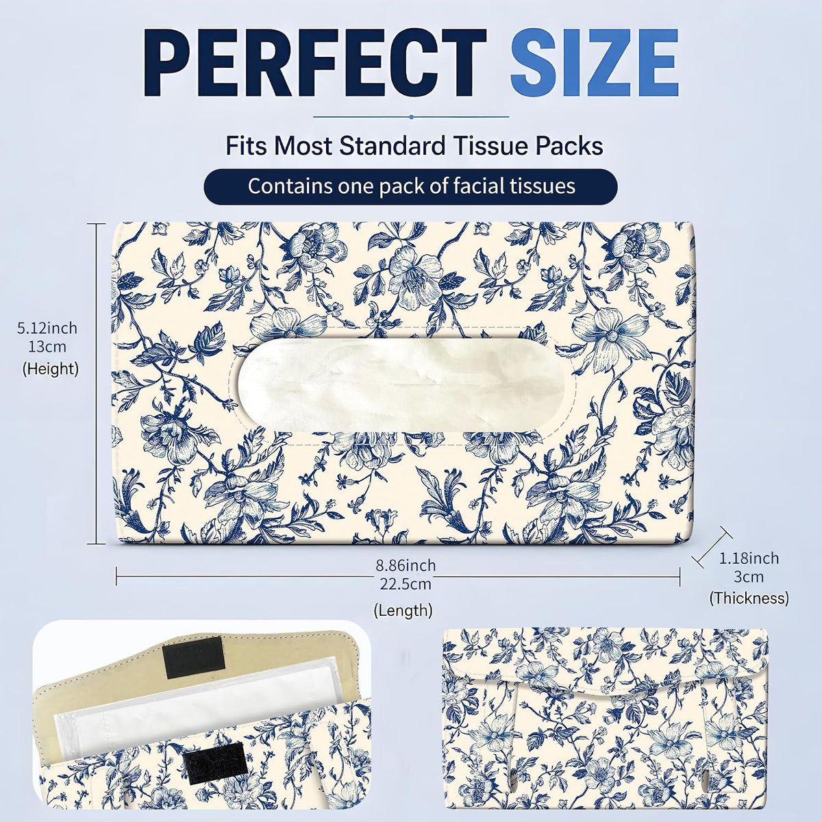 Car Tissue Holder, Cute Sun Visor Napkin Holder Backseat Tissue Case, PU Leather Tissue Box, Funny Car Accessories for Women Men Luxury Blue Flowers