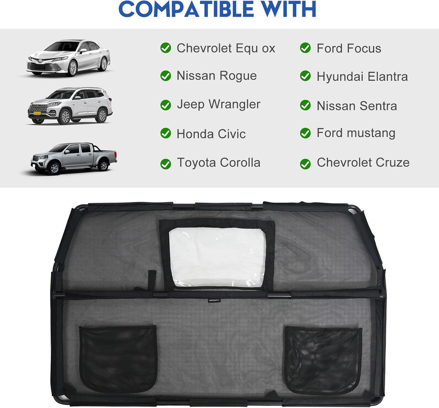 52" Dog Car Barrier for SUV, Wide Escape-Proof & Chew-Proof Dog Car Divider with Removable Visual Window & 2 Storage Pockets, Pet Net Gate for Behind Front Seats, Fits Sedans Cars Trucks