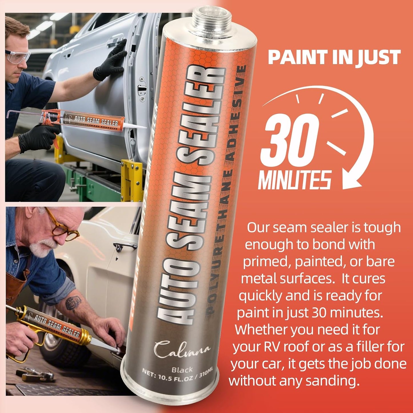 (3-Pack) Calvana Professional Automotive Seam Sealer, Polyurethane Sealant for Metal Surfaces of Cars, Trucks, and RVs, Includes 1 Pair of Gloves and Tip, Quick-Drying, Paintable, Black