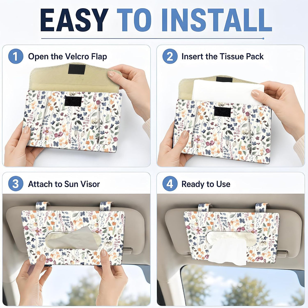 Car Tissue Holder, Cute Sun Visor Napkin Holder Backseat Tissue Case, PU Leather Tissue Box, Funny Car Accessories for Women Men Watercolor Boho Leaf