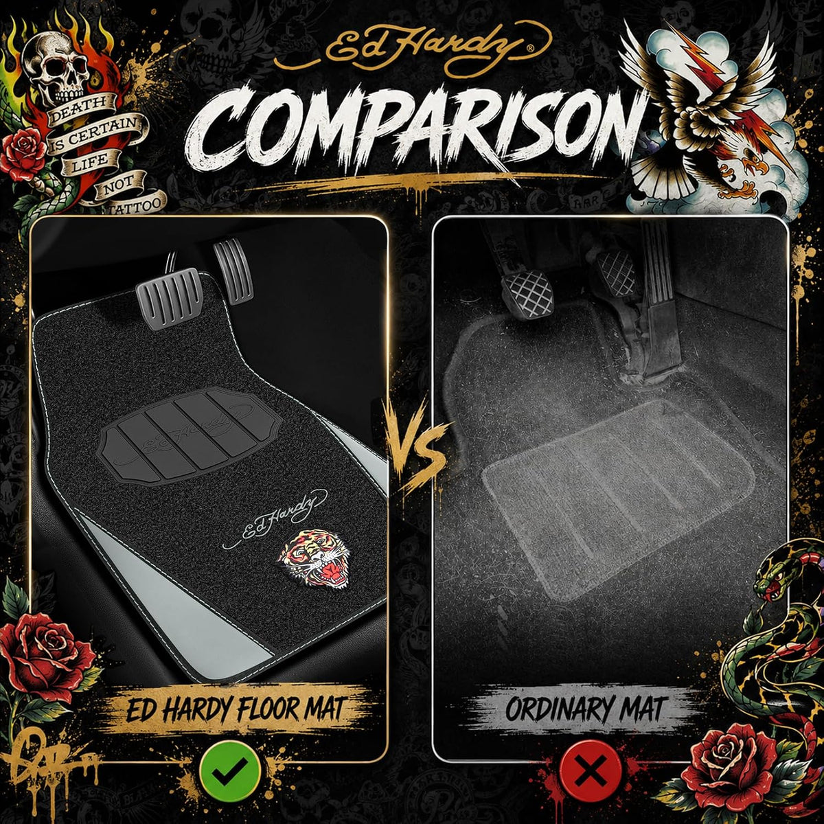 ED HARDY Tiger Print Car Floor Mats, Carpet Floor Mats with Gray Leather Design, Automotive Car Mats with Built-in Heel Pad & Anti-Slip Backing, Fits Most Cars, SUVs & Trucks, Durable & Odorless