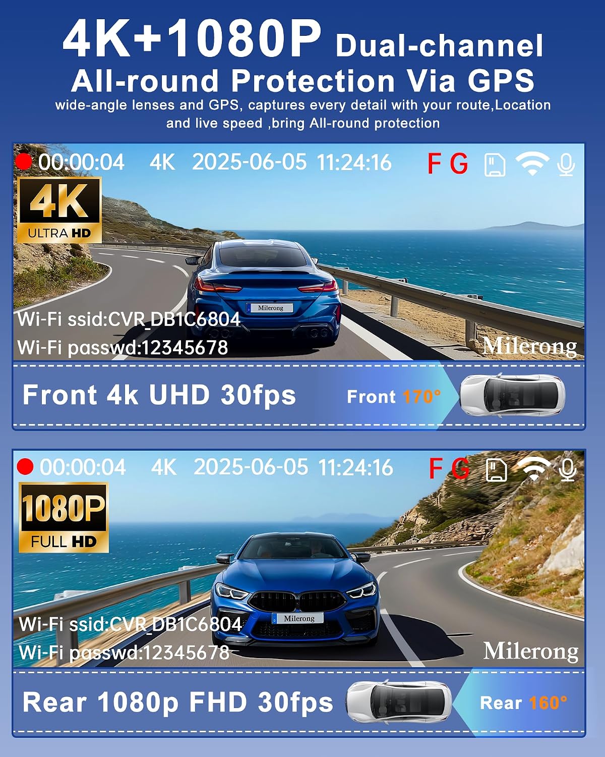 4K Dash Cam Front and Rear Camera with Voice Control