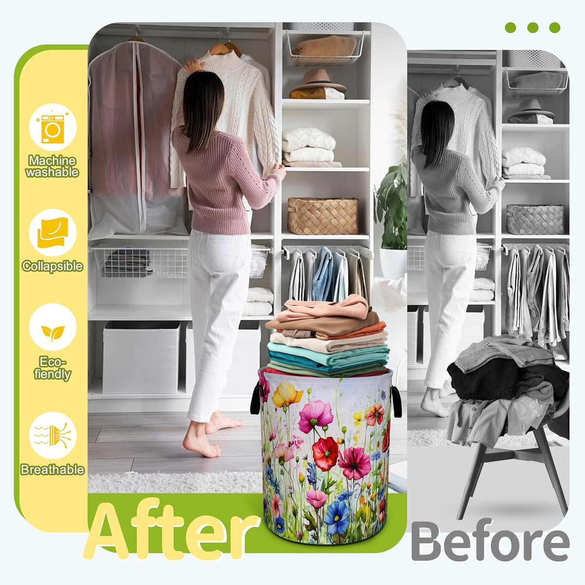 Colorful Flowers Print Laundry Basket Foldable Waterproof 18.9 x 16.5 Inch