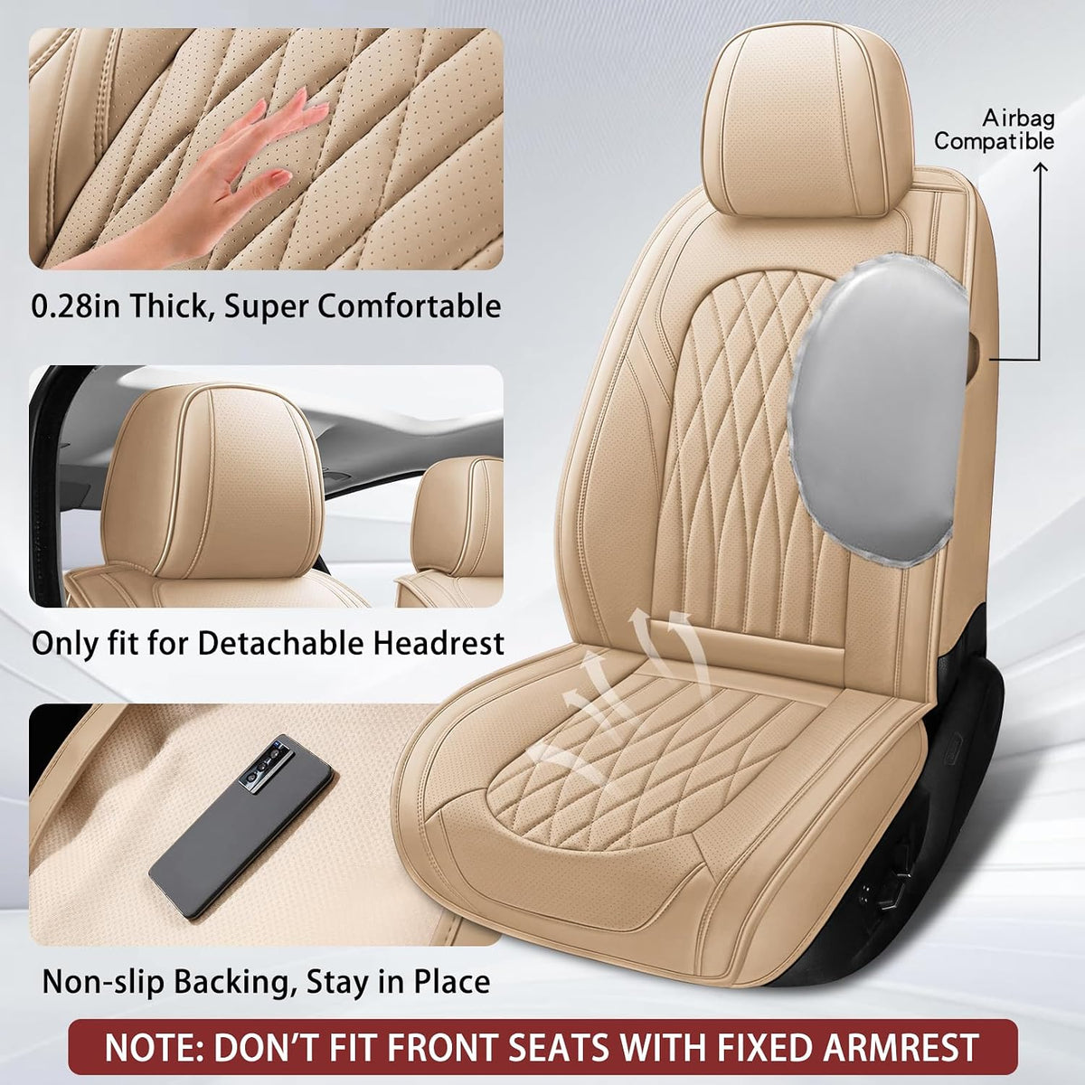 WELLDO Nappa Faux Leather Car Seat Covers Full Set, 5Seats,Beige