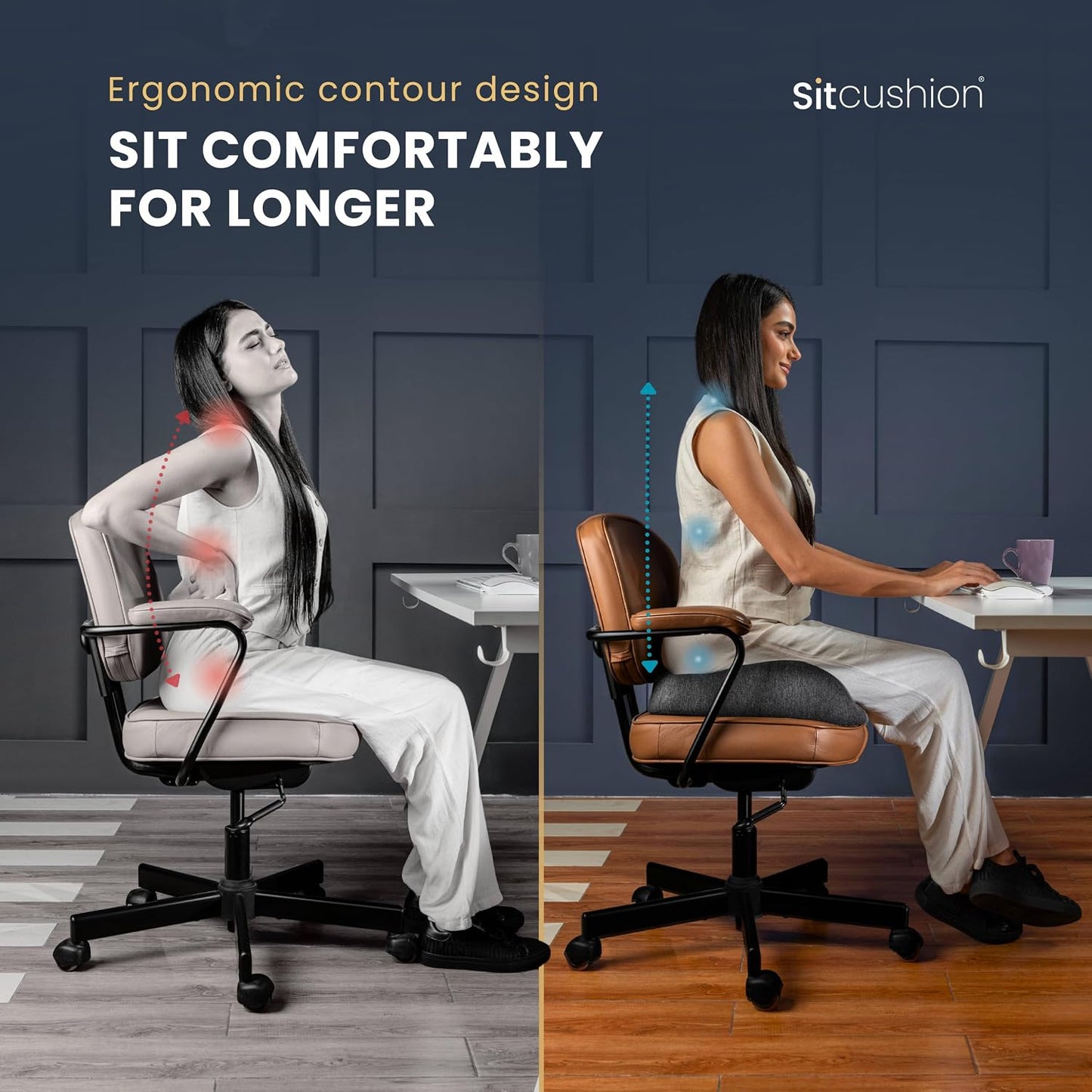 SitCushion Extra Large Seat Cushions for Office Chairs – Gaming Chair Seat Cushion and Sciatica Pain Relief Pillow for Back Pain. Orthopedic Coccyx Cushion for Tailbone Pain Relief (Original Black)