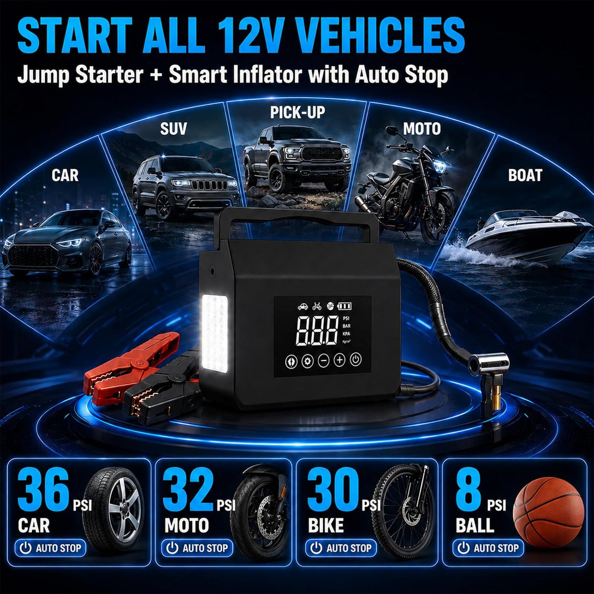 4000A Jump Starter with Air Compressor, 150PSI Tire Inflator, LED Light