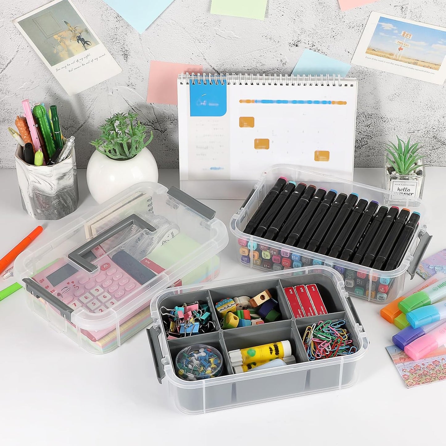 JUXYES 3-Tiers Plastic Stack Carry Storage Containers Box wih Handle Lids | 2 Pack Clear Stackable Craft Storage Bin for School &amp; Office Supplies, Organizing Stationery, Sewing, Art Craft, DIY Supplies