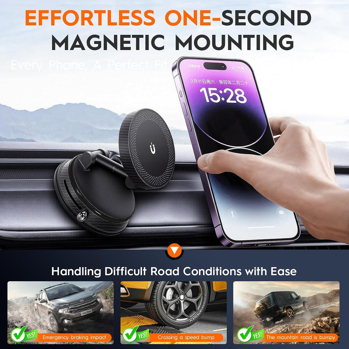Magnetic Car Phone Holder for MagSafe, 15W Wireless Charging, 360° Adjustable Dashboard Mount, Compatible with iPhone 12-17 & Android (Black)